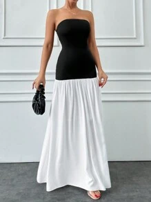 SHEIN Cottnline Women's Strapless A-Line Color Block Dress, Elegant And Fashionable - Multicolor - View 3