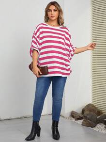 SHEIN LUNE 大尺碼條紋印花圓領夏季休閒T恤 - 玫紅色 - 查看 4