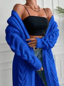 EURMUSE 女式絞花針織中長開襟衫 - 寶藍色 - 查看 4