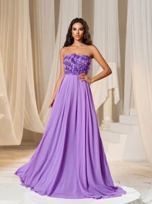 Đầm Dây kéo Đề can ghép mộng kim sa màu trơn Thanh lịch - Màu tím hoa cà - Xem 1