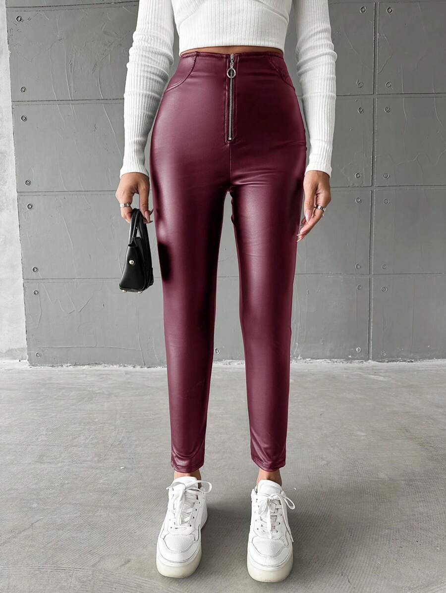 SHEIN Cottnline Women's Zipper Front Stretchy Skinny Pants - Red Violet - View 1