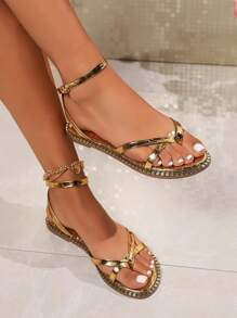 女士新款夏季优雅舒适罗马平底凉鞋，大码可选，金色，适合沙滩装扮 - 金色 - 查看 5