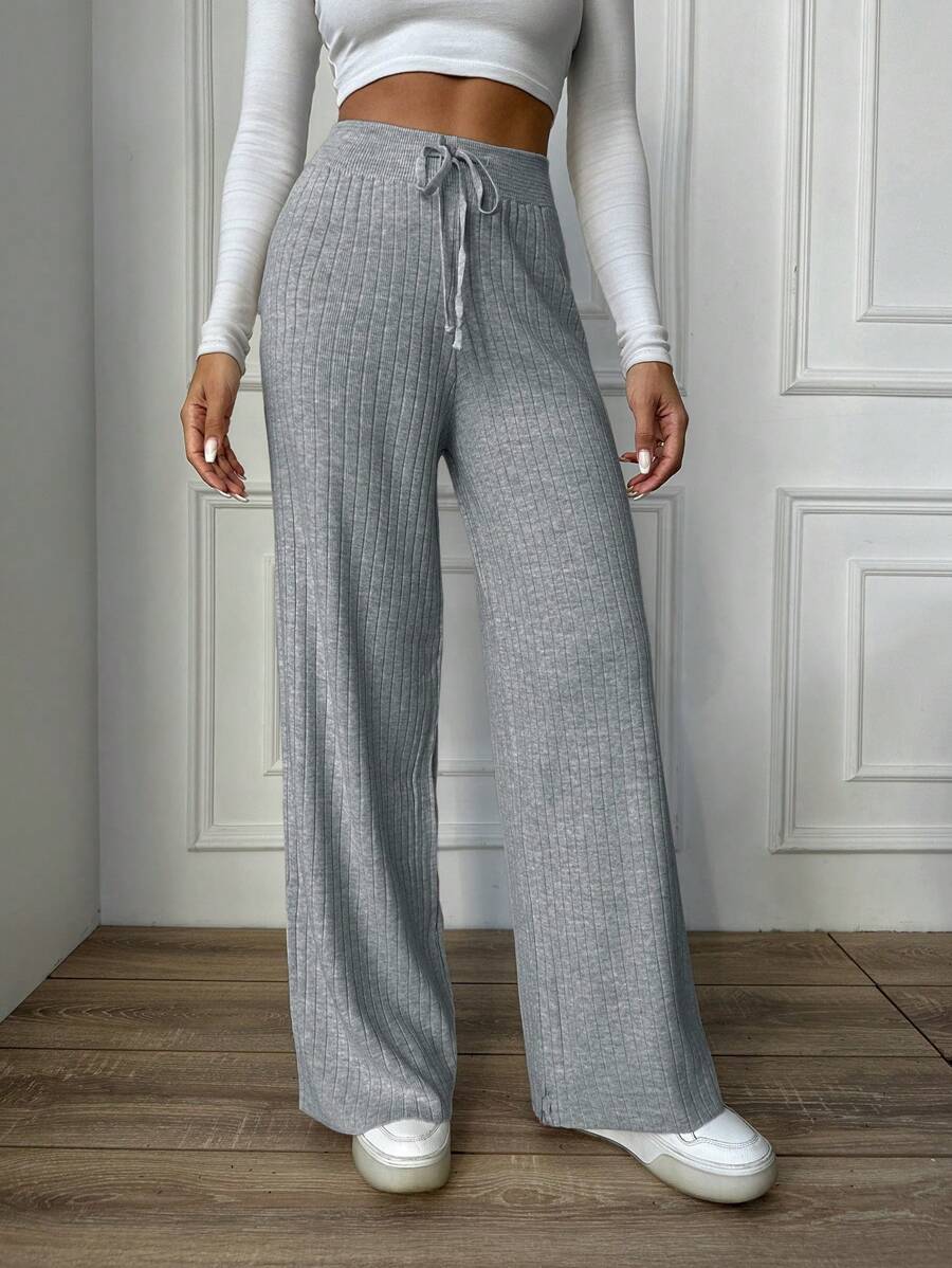 SHEIN Cottnline 純色針織喇叭袖毛衣和褲子套裝 - 淺灰色 - 查看 1