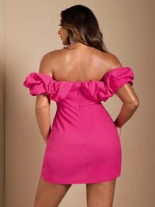 SHEIN BAE Plus Size Women's Elegant Rose Red Puff Neck One Shoulder Waist Hollow Party Mermaid Long Dress,Birthday Dresses For Women - Hot Pink - View 2