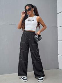 SHEIN 青少女黑白拼色短款背心和寬鬆休閒貨物褲套裝 - 黑與白 - 查看 4