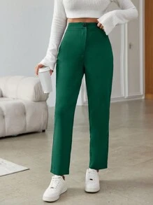 EURMUSE Solid Color High Waist Long Pants - Green - View 3
