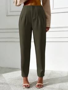 EURMUSE Solid Color High Waist Long Pants - Dark Green - View 5