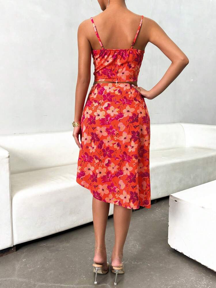 Ladies' Vacation Style Flower Print Top And Skirt 2 Pieces Set