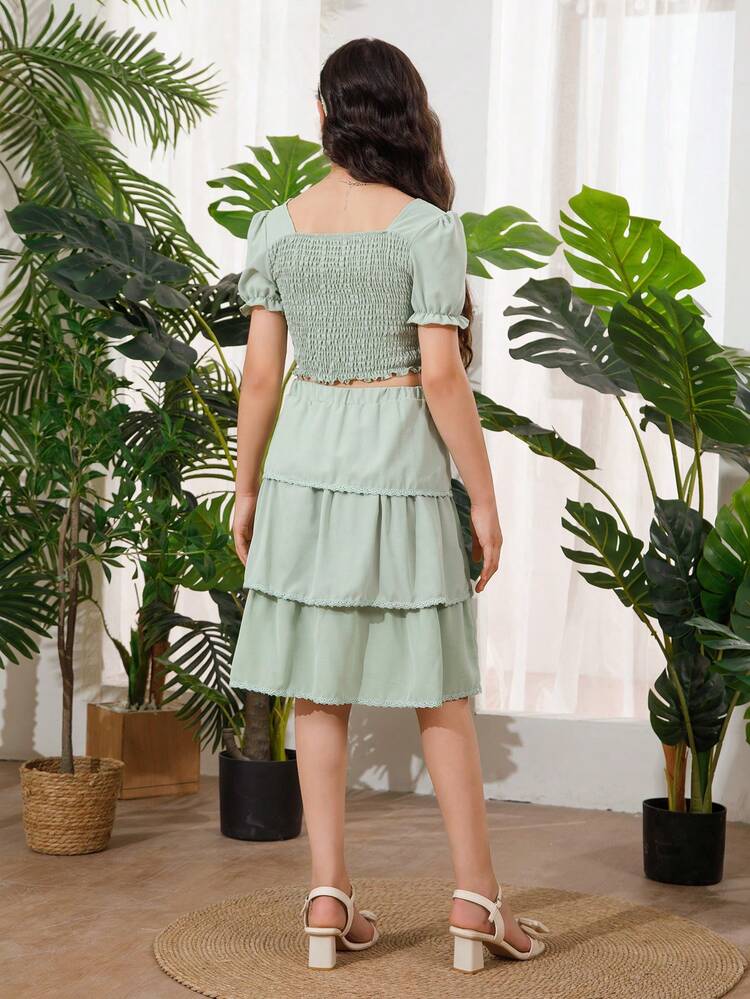 Tween Girl Short Sleeve Square Neck Top And Mid-Length Green Cake Skirt, Toddler Tween Girl Long Sleeve Square Neck Pullover And Casual Crossed Casual Pants, Family Matching Outfits (4 Separate Sets Sold)