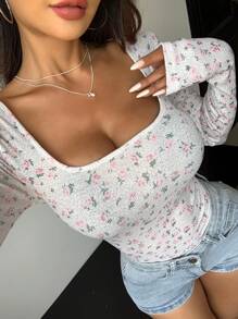 DAZY Camiseta de manga larga con cuello cuadrado, ajuste delgado, con estampado floral diminuto, para primavera/verano, ropa de otoño estilo Y2K - Multicolor - Ver 5