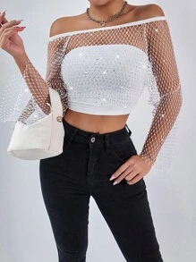 Zolique 女士时尚性感水钻渔网露肩文胸无袖短款上衣和系带露肩上衣性感时尚上衣套装，适合夏季和秋季穿着。 - 白色 - 查看 6