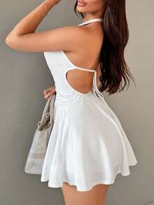 SHEIN SXY Vestido Curto Branco Feminino de Verão com Decote Halter e Costas à Mostra - Branco - Visão 4