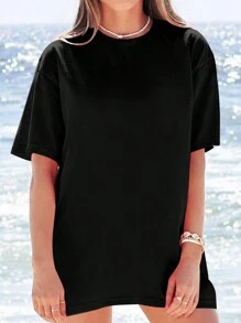 SHEIN Essnce 女士夏季休閒鯊魚印花短袖T恤，帶標語，圓領 - 黑色 - 查看 3