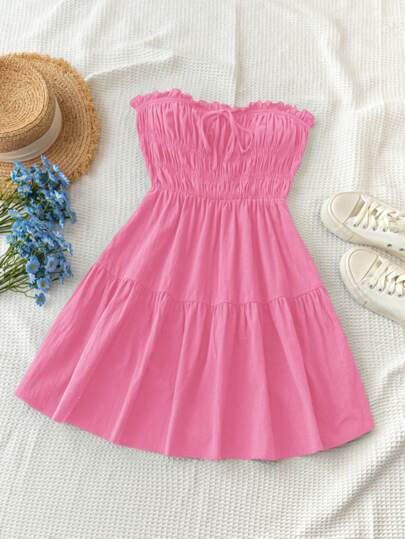 Soleia WYWH Summer Women's Vacation Black Strapless Plain Ruffle Hem Bowknot Front Tie Daily Short Dress With Patchwork