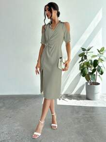 Firerie Bürokleidung Elegantes Twist Knoten V-Ausschnitt Schulter frei Hoher Schlitz Kleid