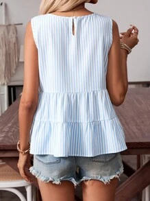 SHEIN Clasi Camisa diaria sin mangas para mujer con impresión aleatoria - Azul y blanco - Ver 2