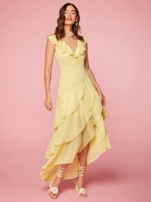 Enchnt Váy nghỉ lễ đơn giản cổ chữ V màu trơn dành cho nữ - Màu vàng - Xem 4