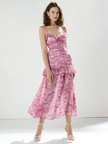 Enchnt Women's Elegant Tie-Dye Ruffle Hem Spaghetti Strap Dress, Summer