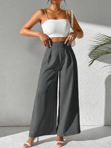 SHEIN PETITE Ladies' Solid Color Simple Daily Trousers Fall Cloth For Women - Grey - View 3