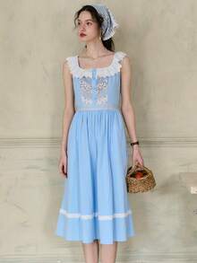 Simple Retro 女式對比花邊方領裙（前胸對稱褶皺、隨機剪裁腰線、前後腰部綻放花紋） - 藍色 - 查看 7