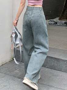 DAZY Ladies' Cherry Printed Loose Fit Straight Leg Denim Jeans With Raw Hem Pockets,Back To School Clothes - Light Wash - View 5