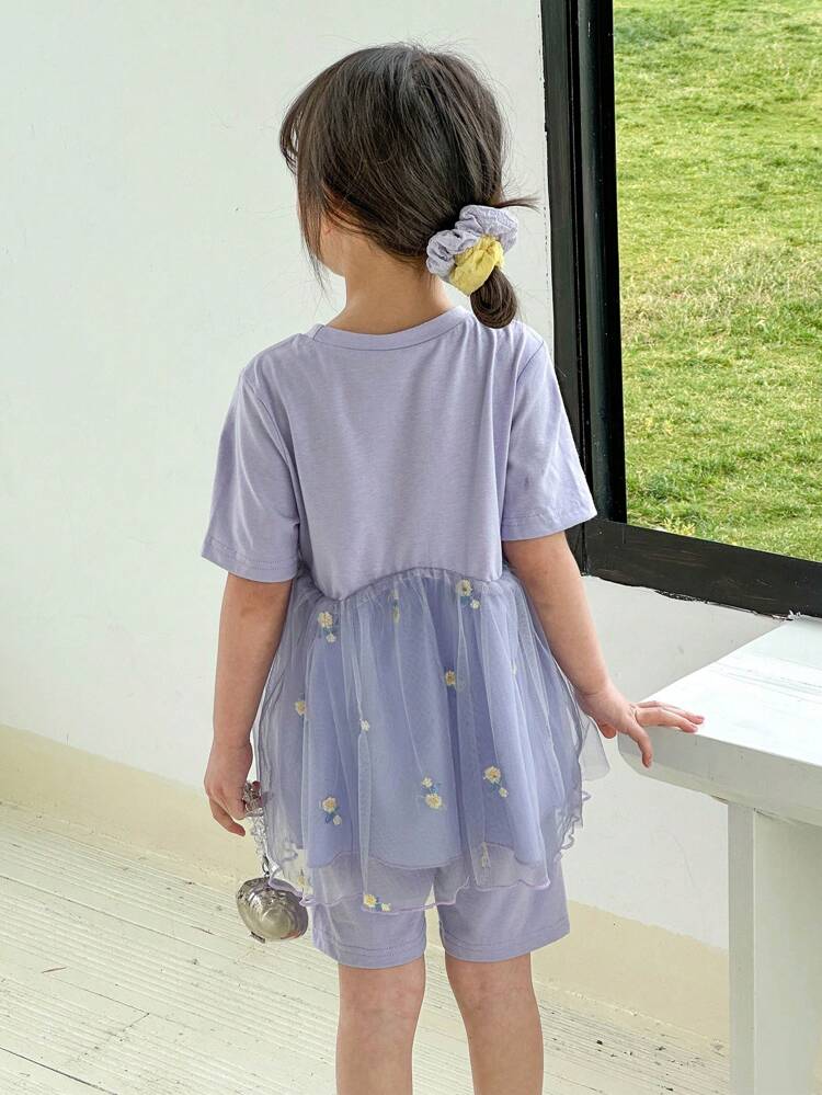 Young Girl Mesh Skirt Top + Tight Shorts Casual Sports Suit, Suitable For Vacation And Summer Travel