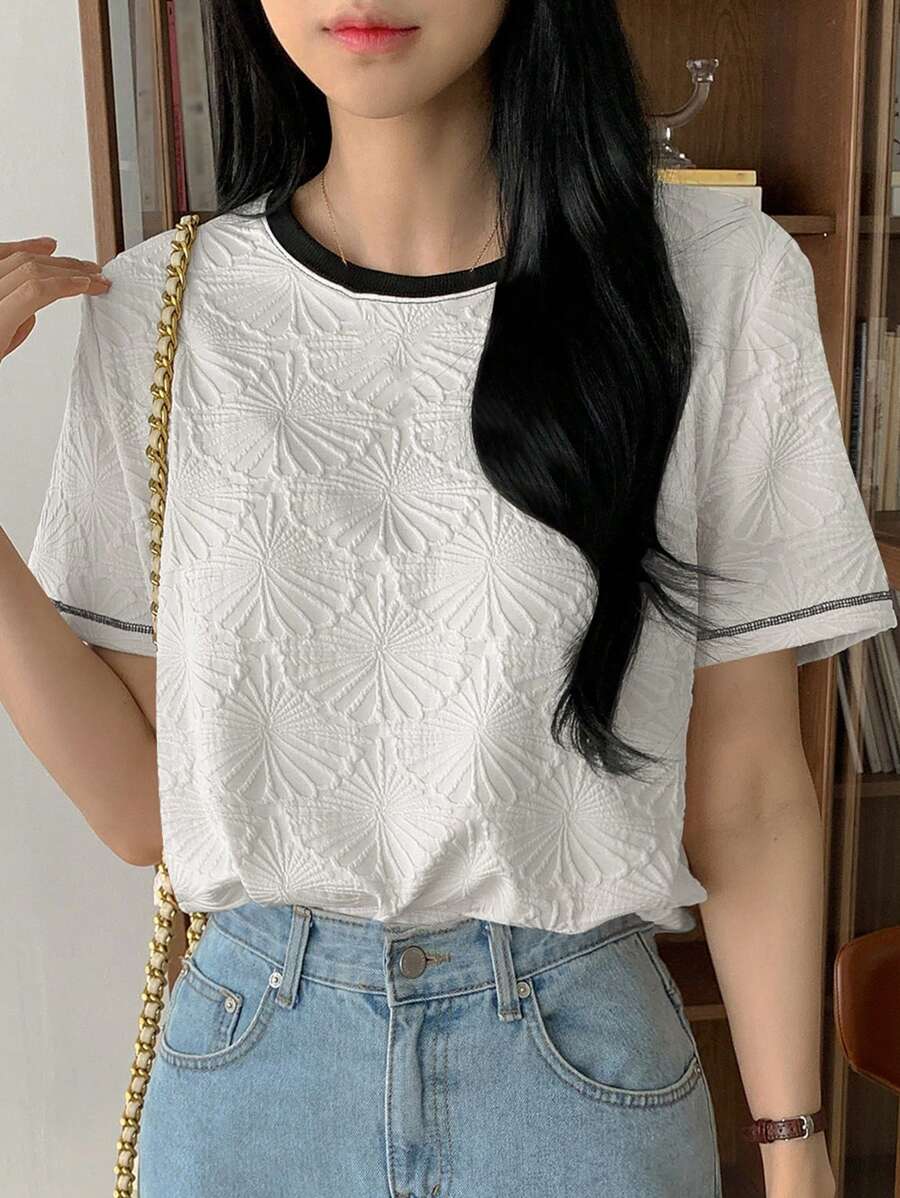 DAZY Áo thun nữ tay ngắn cổ tròn rộng rãi họa tiết tương phản mùa hè - trắng - Xem 1