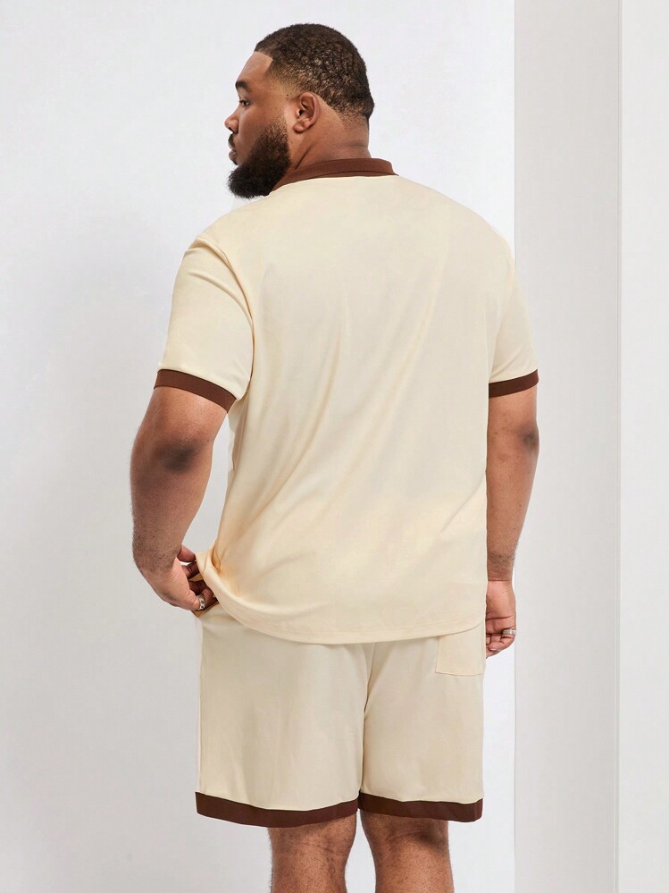 Manfinity Homme Conjunto de camisa y pantalones cortos para hombre de talla grande en un simple y unicolor de manga corta - Caqui - Añade 2