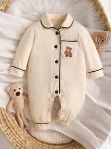 SHEIN 嬰兒女童針織柔軟舒適衫領連體褲，帶熊圖案和按扣設計的長袖居家裝 - 杏色 - 查看 1