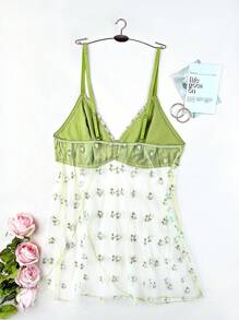 Mesh Embroidered Plus Size Sexy Lingerie Dress + Thong Set - Olive Green - View 2