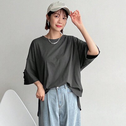 여성용 여름 솔리드 컬러 스플라이스 러플 라운드 넥 캐주얼 반팔 배트윙 슬리브 티셔츠