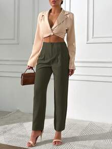 EURMUSE Solid Color High Waist Long Pants - Dark Green - View 3