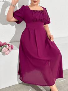 Modelyn Plus Size Solid Color Square Neckline Ruffle Sleeve Pleated Party Dress