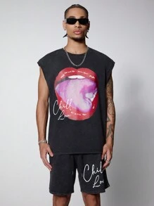 PAVTROS Manfinity Streetrush Men Graphic Print Sleeveless Round Neck Tank Top And Drawstring Letter Print Shorts Summer Casual Outfit - Black - View 3