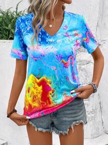 LONESS Women Tie-Dye Print V Neck Short Sleeve Casual T-Shirt For Summer