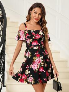 SHEIN Clasi Vestido de primavera con hombros descubiertos, estampado floral y detalle de volantes - Negro - Ver 3