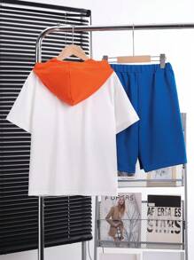 SHEIN Tween Boys' Casual Street-Style Printed Color-Block Cap Short Sleeve Tee And Shorts Knitted Two-Piece Set - Multicolor - View 2