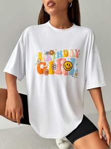 SHEIN EZwear 女士夏季標語卡通印花寬鬆T卹，圓領和垂墜式袖子 - 白色 - 查看 3