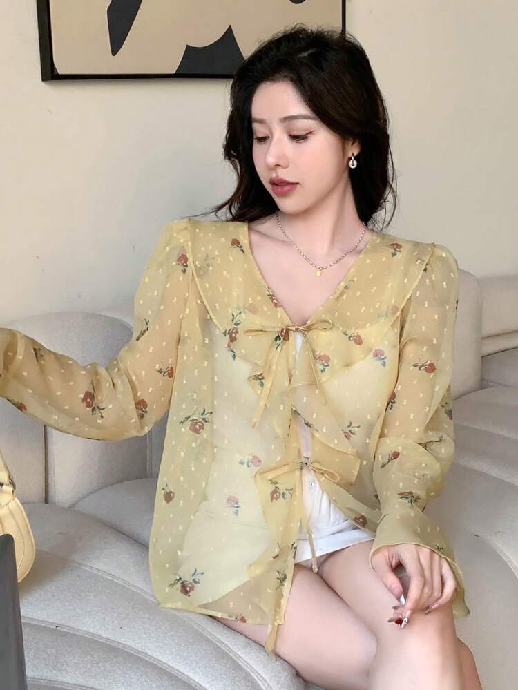 Floral Print Wide V-Neck Loose Long Sleeve Women's Blouse With Ruffle Trim Boho