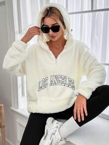 SHEIN Cottnline Thêu Chữ Thả vai Dây rút Teddy Hoodie - trắng - Xem 5