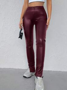 EURMUSE Split Hem PU Pants - Burgundy - View 5