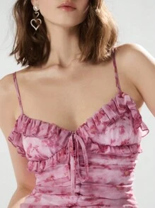 Enchnt Women's Elegant Tie-Dye Ruffle Hem Spaghetti Strap Dress, Summer