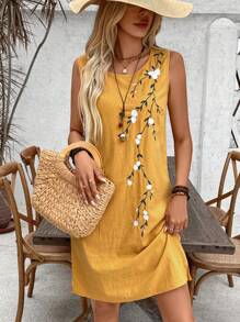 EMERY ROSE Women's Floral Embroidery Sleeveless Vacation Casual Dress - Yellow - View 4