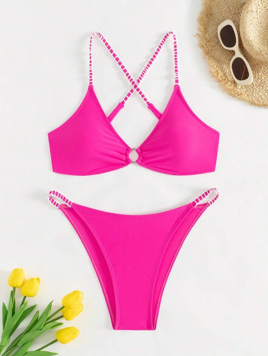 Women's Summer Beach Plain Circular Link Cross Back Sexy Bikini Set - Hot Pink - View 1