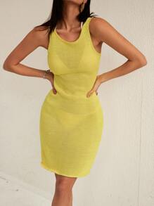 SHEIN Swim Women's Fashion Summer Solid Color Knitted Slim Fit Vest Cover Up - Yellow - View 3