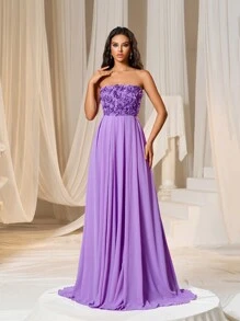 Đầm Dây kéo Đề can ghép mộng kim sa màu trơn Thanh lịch - Màu tím hoa cà - Xem 6