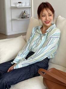 DAZY Áo sơ mi dài tay cổ bẻ thoáng khí kẻ sọc cho nữ, trang phục công sở thường ngày, xuân/hè - màu xanh lá - Xem 8