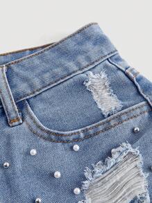 Selenza Casual damesspijkershort met versleten zakken, gerafelde zoom en imitatiepareldecor