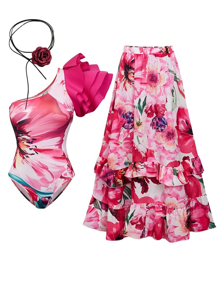 Teen Girl Summer Tie-Dye Printed One-Shoulder Ruffled Short Sleeve Top And Floral Printed Long Skirt Vacation 2pcs Set