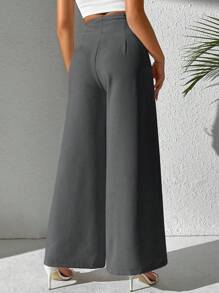 SHEIN PETITE Ladies' Solid Color Simple Daily Trousers Fall Cloth For Women - Grey - View 2